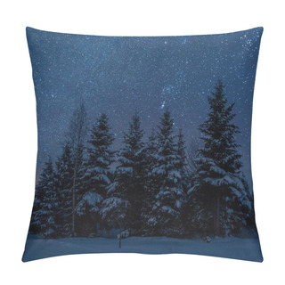 Personality  Dark Sky Full Of Shiny Stars In Carpathian Mountains In Winter Forest At Night Pillow Covers
