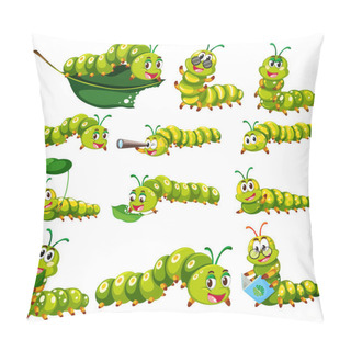 Personality  Green Caterpillar Character In Different Actions Pillow Covers
