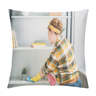 Personality  Side View Of Beautiful Woman Dusting Shelves At Home Pillow Covers