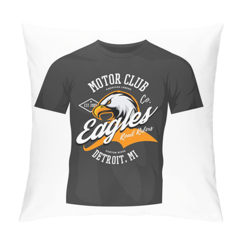 Personality  Vintage American furious eagle custom bike motor club tee print vector design isolated on black t-shirt mockup.  pillow covers