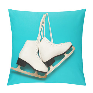 Personality  White Ice Skates For Figure Skating, Hanging On A Blue Backgroun Pillow Covers