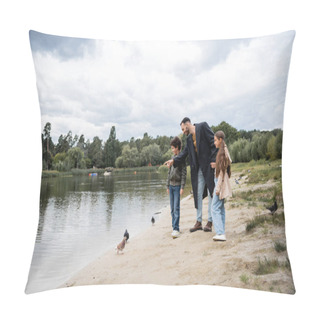 Personality  Arabian Kids Standing Near Father Pointing At Lake In Park  Pillow Covers