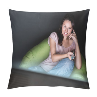 Personality  Young Woman Watching TV Sitting On The Beanbag At Home Pillow Covers