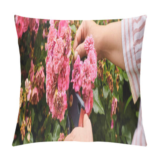 Personality  Cropped View Of Mature Woman Taking Active Care Of Her Lively Vibrant Pink Rosehip In Garden, Banner Pillow Covers