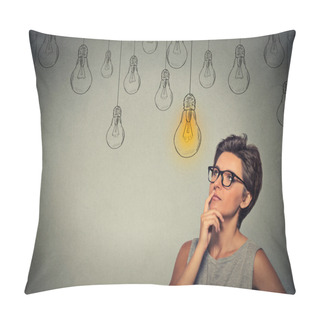 Personality  Portrait Thinking Woman In Glasses Looking Up With Light Idea Bulb Above Head Pillow Covers