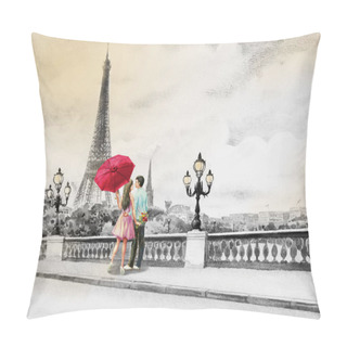 Personality  Paris European City Landscape. France, Eiffel Tower And Couple Young, Man And Woman Red Umbrella On The Street View, Black And White Background. Watercolor Painting Illustration,tour Travel Holiday. Pillow Covers
