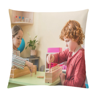 Personality  Curly Boy Playing Game With Wooden Elements Near Girl In Montessori School Pillow Covers
