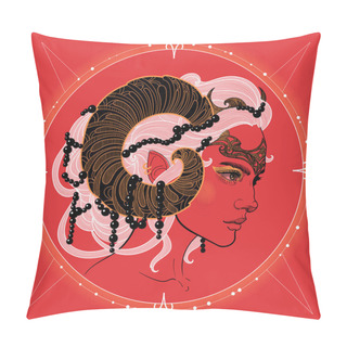 Personality  Flame Red Illustration Aries Girl With Beautiful Horns, Hairstyle, And Crown Pillow Covers