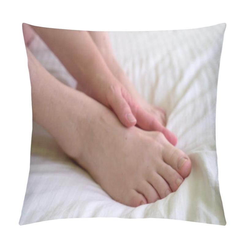 Personality  female legs with problem with women's feet, bunion toes in bare feet. Hallus valgus, closeup pillow covers