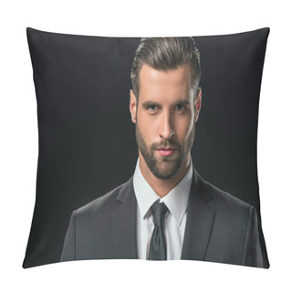 Personality  Handsome Businessman In Jacket Looking At Camera, Isolated On Black Pillow Covers