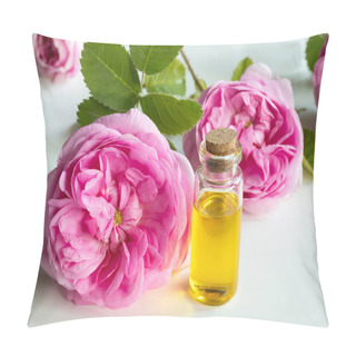 Personality  Rose Essential Oil: A Bottle Of Oil With Rose Flowers Pillow Covers