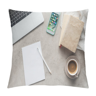 Personality  Top View Of Coffee With Laptop And Smartphone With Ios Homescreen App On Screen On Concrete Surface With Blank Paper Pillow Covers
