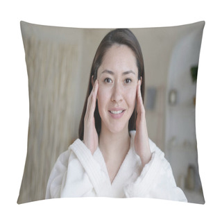 Personality  Attractive Multi Ethnic Girl Looking In Mirror Touching Healthy Soft Face Skin After Daily Treatment. Young Mixed Race Asian Woman Doing Massage Satisfied With Facial Procedures Skincare Concept. Pillow Covers