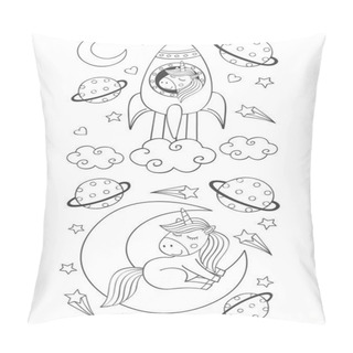 Personality  Set Of Isolated Coloring Cute Unicorn In Space   - Vector Illustration, Eps Pillow Covers