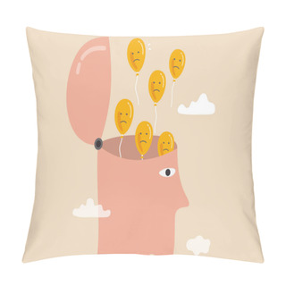 Personality  Relaxation To Let Anxiety And Negative Thought Fly Away, Mentally Relieve Or Mindfulness To Cure Depression, Open Head To Let Balloons With Sad And Unhappy Face Fly Away. Pillow Covers