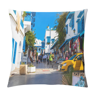 Personality  SIDI BOU SAID, TUNISIA - DECEMBER 11, 2018: Cityscape With Typical White Blue Colored Houses In Resort Town Sidi Bou Said. Tunisia. Pillow Covers