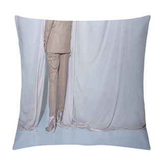 Personality  Cropped View Of Fashionable Woman In Suit Standing On Light Grey Curtain Background Pillow Covers