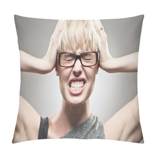 Personality  Beautiful Young Caucasian Woman Holding Head In Pressure Pillow Covers