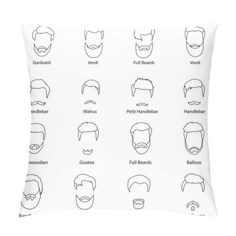 Personality  Men cartoon hairstyles with beards and mustache.Vector illustration with isolated hipsters hairstyles on a white background. pillow covers