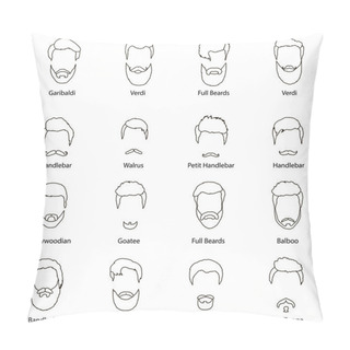 Personality  Men Cartoon Hairstyles With Beards And Mustache.Vector Illustration With Isolated Hipsters Hairstyles On A White Background. Pillow Covers