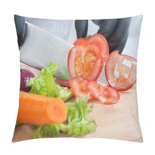 Personality  Cooking Tomato Cut With A Knife With Gloves On The Board Pillow Covers