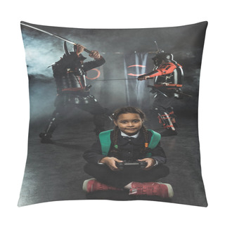 Personality  Little Schoolkid Playing Samurai Fighting With Gamepad In Real Life Pillow Covers