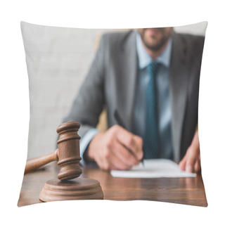 Personality  Close-up View Of Wooden Hammer And Judge In Suit Working Behind Pillow Covers