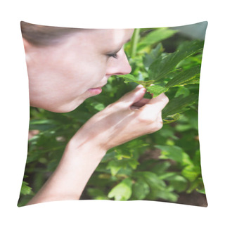 Personality  Lovage Outdoor In The Garden, Woman Is Picking Some And Smelling On It Pillow Covers