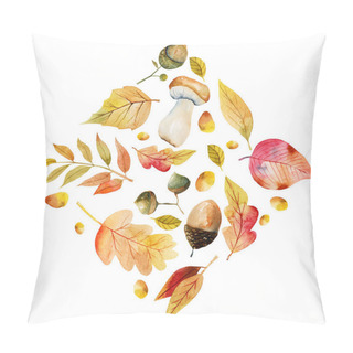 Personality  Watercolor Floral Rhombus Composition Of Autumn Elements: Tree Leaves, Acorns, Mashrooms And Other Plants, Isolated Illustration On White Background Pillow Covers