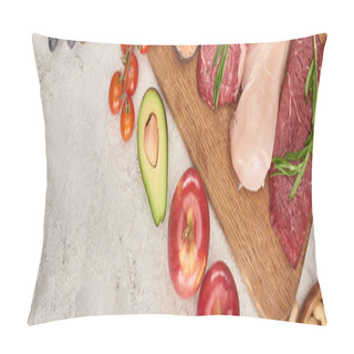 Personality  Panoramic Shot Of Raw Meat And Poultry With Rosemary Twigs On Wooden Cutting Board Near Apples, Half Of Avocado And Tomatoes On Marble Surface With Copy Space Pillow Covers