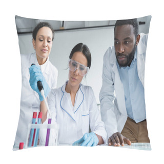 Personality  African American Scientists Looking At Colleague Making Experiment In Laboratory  Pillow Covers