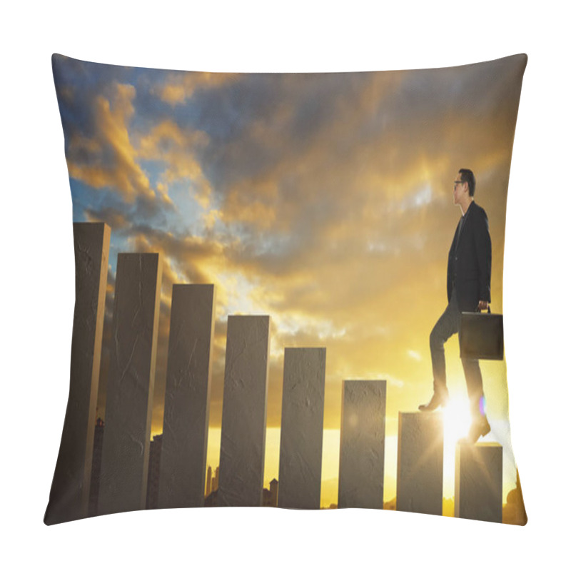 Personality  Businessman Climbing Stairs With Sunset Or Sunrise Background . Ambitions And Success Concept . Pillow Covers