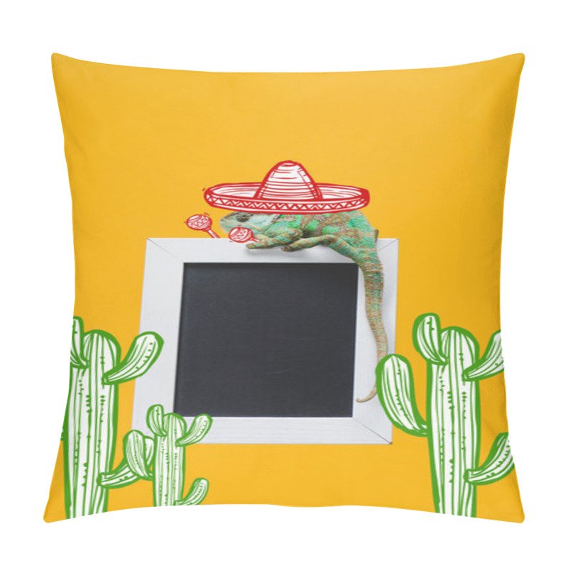 Personality  Beautiful Colorful Chameleon In Sombrero Hat With Maracas On Blackboard Isolated On Yellow With Mexican Cactuses Pillow Covers