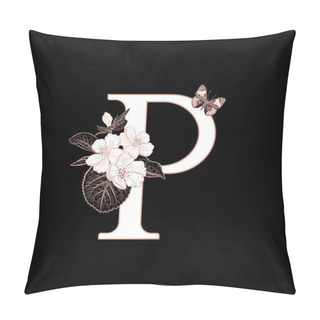 Personality  Letter P, Flowers Flowering Sakura Branches And Butterfly Isolated. Vector Decoration. Black, White And Gold. Vintage Illustration. Floral Pattern For Greetings, Wedding Invitations, Text Design. Pillow Covers
