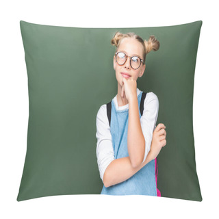 Personality  Pensive Schoolchild In Glasses Looking Up Near Blackboard Pillow Covers