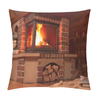 Personality  Fireplace With Burning Wood In Room. Winter Vacation Pillow Covers