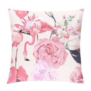 Personality  Garden Pink Flowers, Tropical Protea, Jungle Plants, Pink Flamingos, Seamless Floral Pattern Background. Exotic Botanical Wallpaper, Vintage Boho Style. Pillow Covers