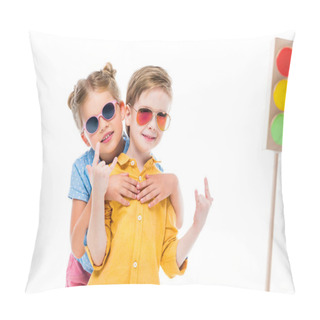 Personality  Stylish Children In Sunglasses, Boy Showing Rock N Roll Signs, Isolated On White With Cardboard Traffic Lights On Background Pillow Covers
