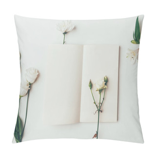 Personality  Top View Of Fresh Tender White Blooming Flowers And Blank Card On Grey  Pillow Covers