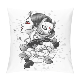 Personality  Japanese Girl In The Mask Of Red Fox Pillow Covers