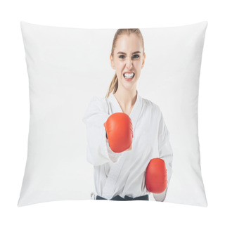 Personality  Female Karate Fighter Exercising With Gloves And Mouthguard Isolated On White Pillow Covers
