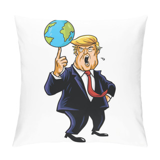 Personality  Donald Trump Cartoon Playing Globe. Vector Caricature Illustration Portrait Pillow Covers