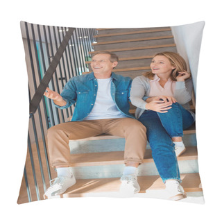 Personality  Happy Couple Sitting On Stairs At New Home Pillow Covers