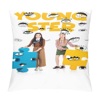 Personality  Smiling Kids With Jigsaw Puzzle Pieces Looking At Camera Near Youngster Lettering On White Pillow Covers