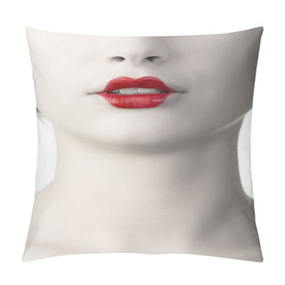 Personality  Desaturate Color Portrait Of Woman With Classic Red Japanese Make Up On Her Lips Pillow Covers
