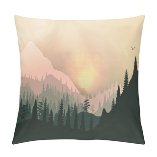 Personality  Sunset Panorama Of Mountain Ridges And Pine Forest - Vector Illustration Pillow Covers