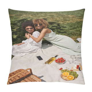 Personality  Happy African American Girlfriends Embracing Near Fruits, Wine And Smartphone, Summer Picnic Pillow Covers