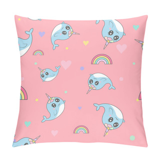 Personality  Cute Narwhal Seamless Pattern With Flat Heart And Adorable Colorful Rainbow On Pink Background Pastel Color. Vector Illustration. Pillow Covers
