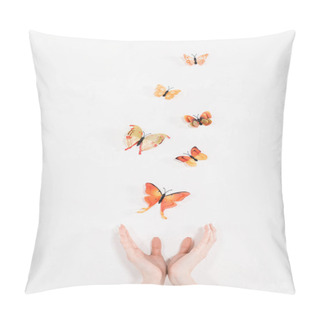 Personality  Cropped View Of Female Hands Near Orange Butterflies Flying On White Background, Environmental Saving Concept  Pillow Covers