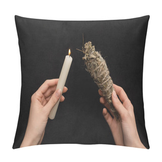 Personality  Cropped View Of Shaman Holding Burning Candle And Smudge Stick Isolated On Black  Pillow Covers